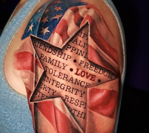 3D American flag tattoo with script