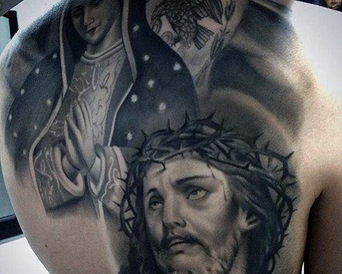 Back Jesus Tattoo with Praying Mother