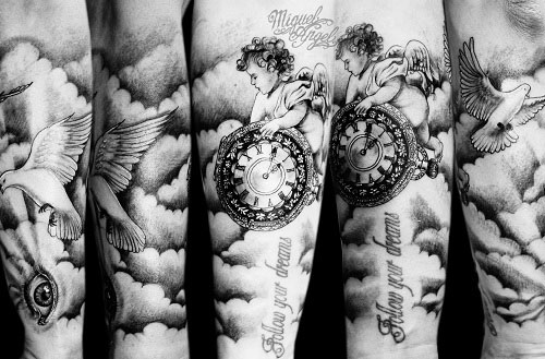 Cherub tattoo with a clock, dove, eye, and script
