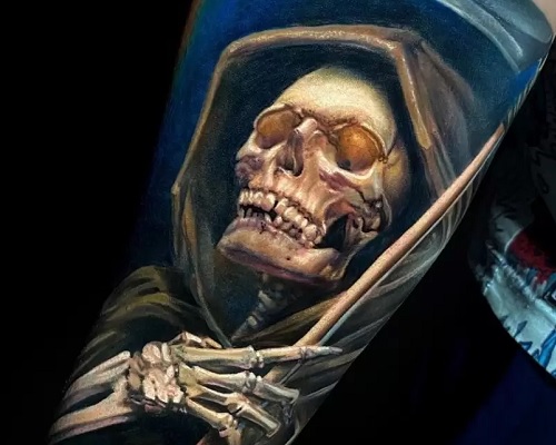 Color portrait Grim Reaper tattoo