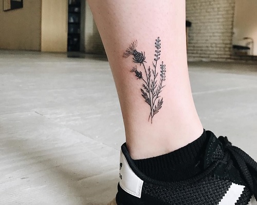Heather flower tattoo with thistle in black and white