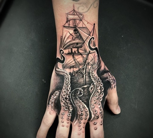 Kraken octopus tattoo with a pirate ship