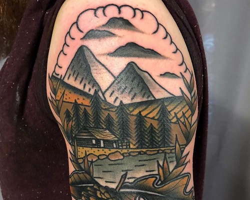 Neo-Traditional mountain tattoo
