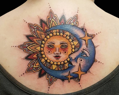 Neo-Traditional sun and moon tattoo