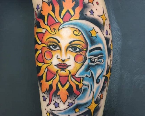 New School sun and moon tattoo