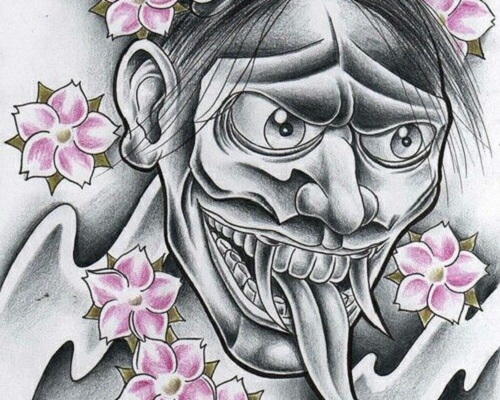 Oni devil mask tattoo with cherry blossom