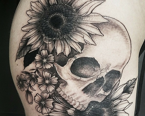 Sunflower and skull tattoo