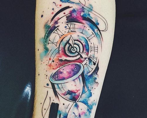 Watercolor clock tattoo